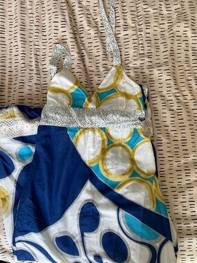 Roxy Blue Teal White Yellow Halter Maxi Dress